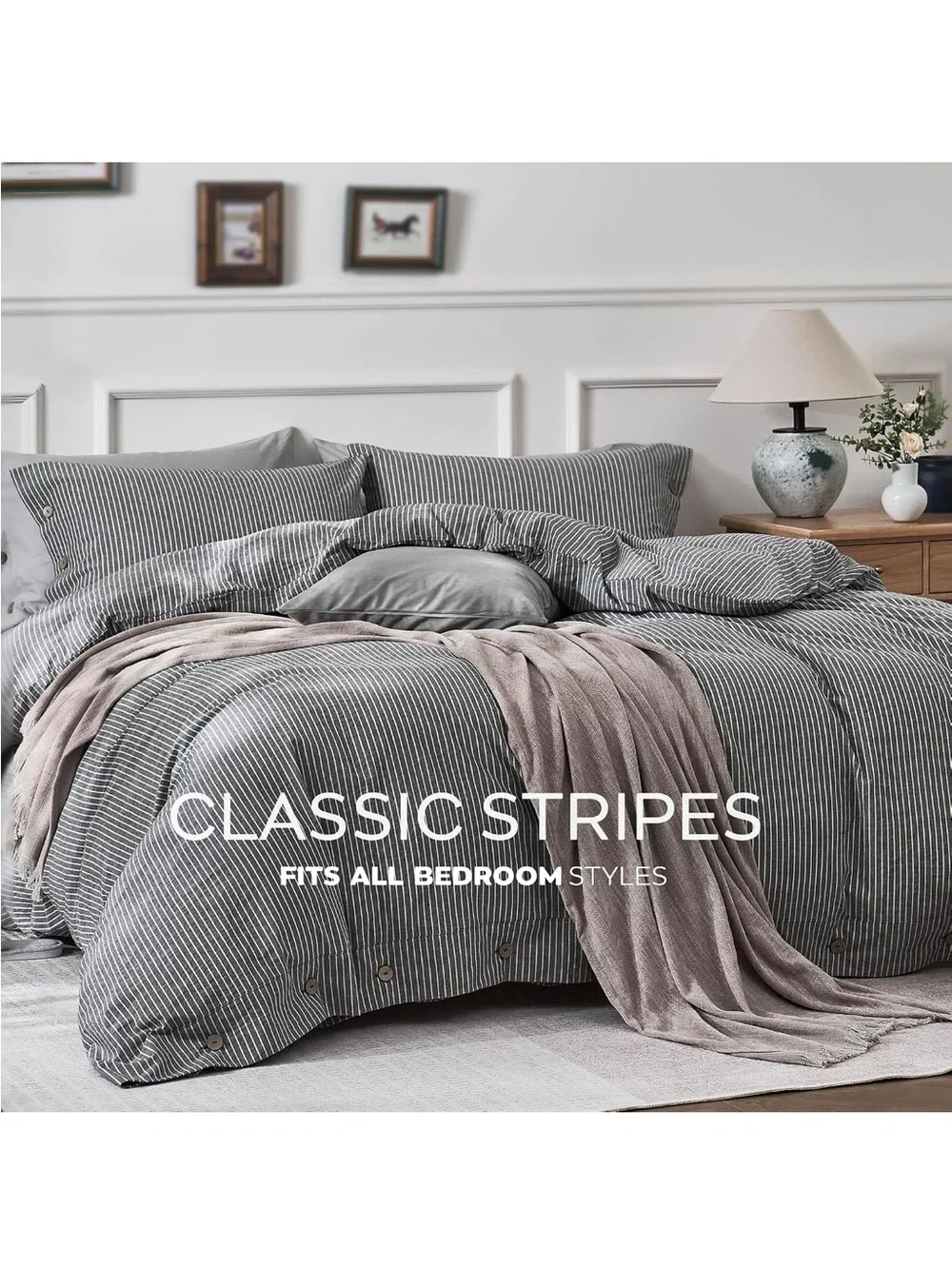 NEW JELLYMONI 100% Washed Cotton Duvet Cover - Black Vertical Pinstriped